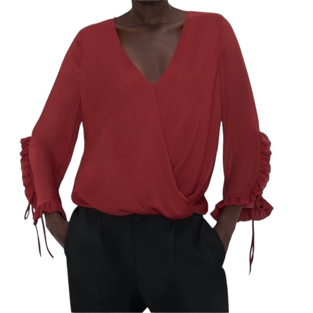Zara V-neck Ruffle Sheer Blouse